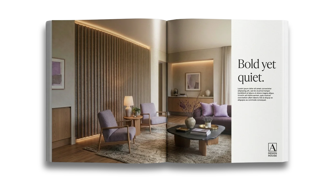 A printed design magazine spread reading "Bold yet quiet." featuring the styled room.